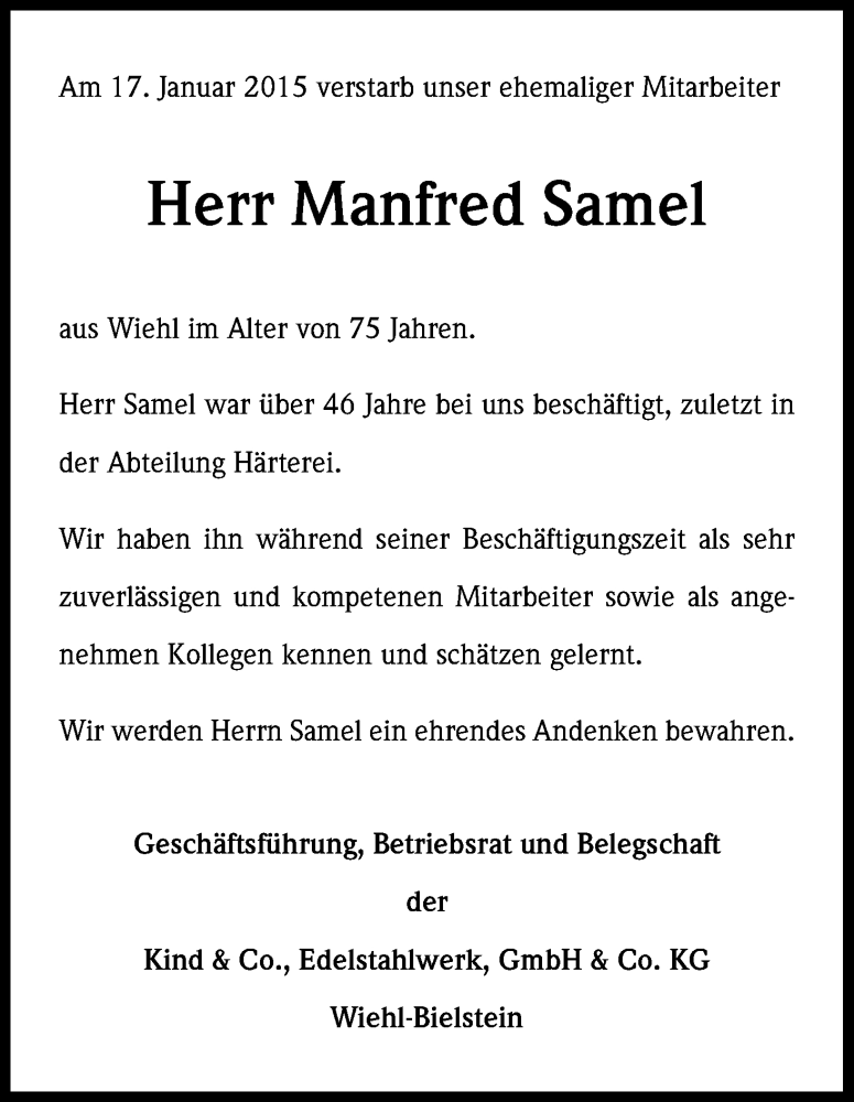  Traueranzeige für Manfred Samel vom 22.01.2015 aus Kölner Stadt-Anzeiger / Kölnische Rundschau / Express