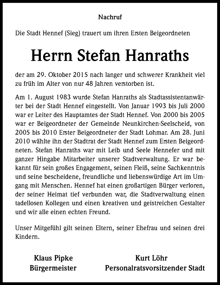  Traueranzeige für Stefan Hanrath vom 04.11.2015 aus Kölner Stadt-Anzeiger / Kölnische Rundschau / Express