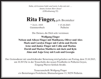 Anzeige von Rita Finger von  Wochenende 