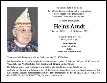 Anzeige von Heinz Arndt von Kölner Stadt-Anzeiger / Kölnische Rundschau / Express