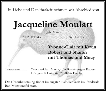 Anzeige von Jacqueline Moulart von Kölner Stadt-Anzeiger / Kölnische Rundschau / Express