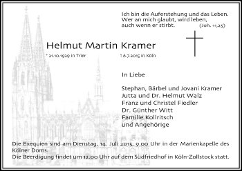 Anzeige von Helmut Martin Kramer von Kölner Stadt-Anzeiger / Kölnische Rundschau / Express
