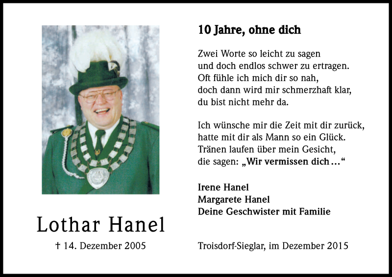  Traueranzeige für Lothar Hanel vom 12.12.2015 aus Kölner Stadt-Anzeiger / Kölnische Rundschau / Express