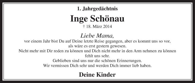  Traueranzeige für Inge Schönau vom 18.03.2015 aus  Werbepost 
