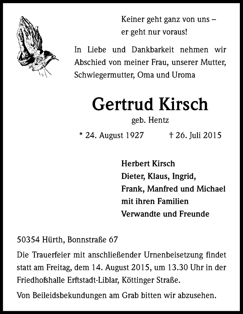  Traueranzeige für Gertrud Kirsch vom 14.08.2015 aus Kölner Stadt-Anzeiger / Kölnische Rundschau / Express