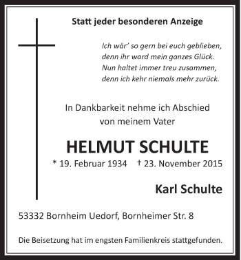 Anzeige von Helmut Schulte von  Schaufenster/Blickpunkt 