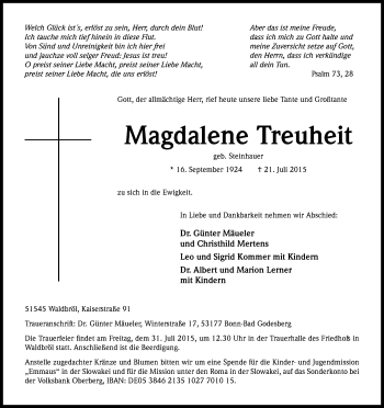 Anzeige von Magdalene Treuheit von Kölner Stadt-Anzeiger / Kölnische Rundschau / Express