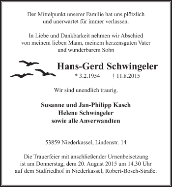 Anzeige von Hans-Gerd Schwingeler von  Extra Blatt 
