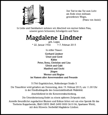 Anzeige von Magdalene Lindner von Kölner Stadt-Anzeiger / Kölnische Rundschau / Express