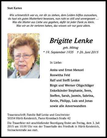Anzeige von Brigitte Lenke von Kölner Stadt-Anzeiger / Kölnische Rundschau / Express