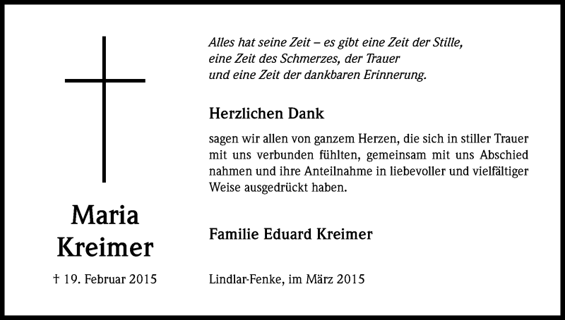  Traueranzeige für Maria Kreimer vom 21.03.2015 aus Kölner Stadt-Anzeiger / Kölnische Rundschau / Express