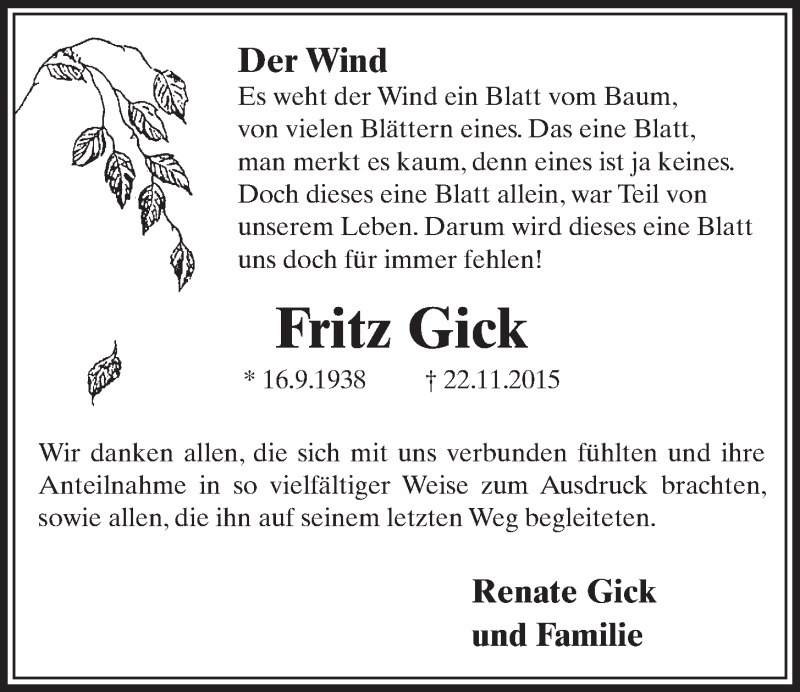  Traueranzeige für Fritz Gick vom 16.12.2015 aus  Schlossbote/Werbekurier 