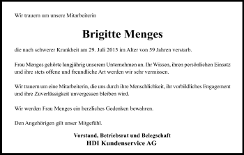 Anzeige von Brigitte Menges von Kölner Stadt-Anzeiger / Kölnische Rundschau / Express