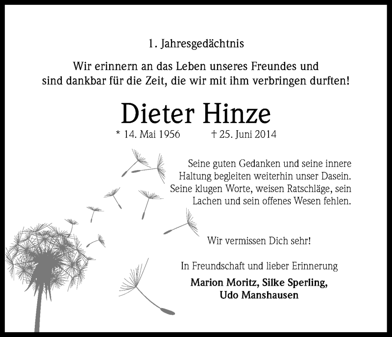  Traueranzeige für Dieter Hinze vom 25.06.2015 aus Kölner Stadt-Anzeiger / Kölnische Rundschau / Express