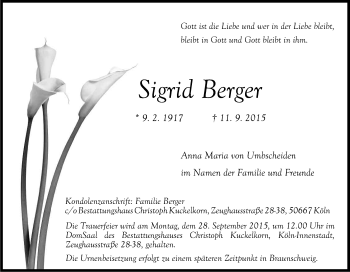 Anzeige von Sigrid Berger von Kölner Stadt-Anzeiger / Kölnische Rundschau / Express