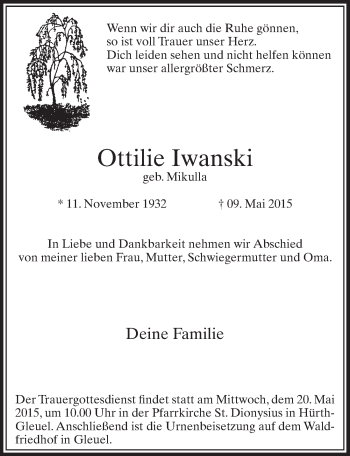 Anzeige von Ottilie Iwanski von  Sonntags-Post 