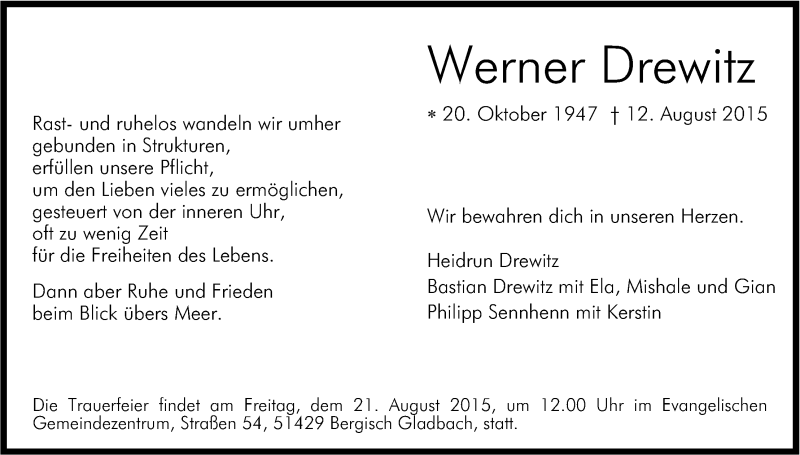  Traueranzeige für Werner Drewitz vom 19.08.2015 aus Kölner Stadt-Anzeiger / Kölnische Rundschau / Express