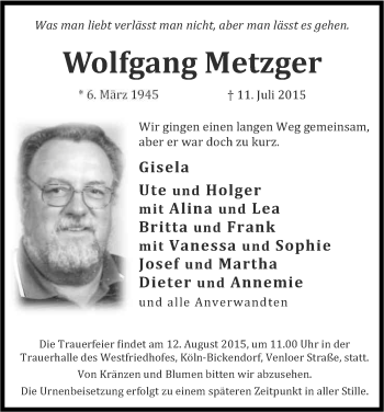 Anzeige von Wolfgang Metzger von Kölner Stadt-Anzeiger / Kölnische Rundschau / Express