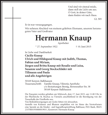 Anzeige von Hermann Knaup von  Sonntags-Post 