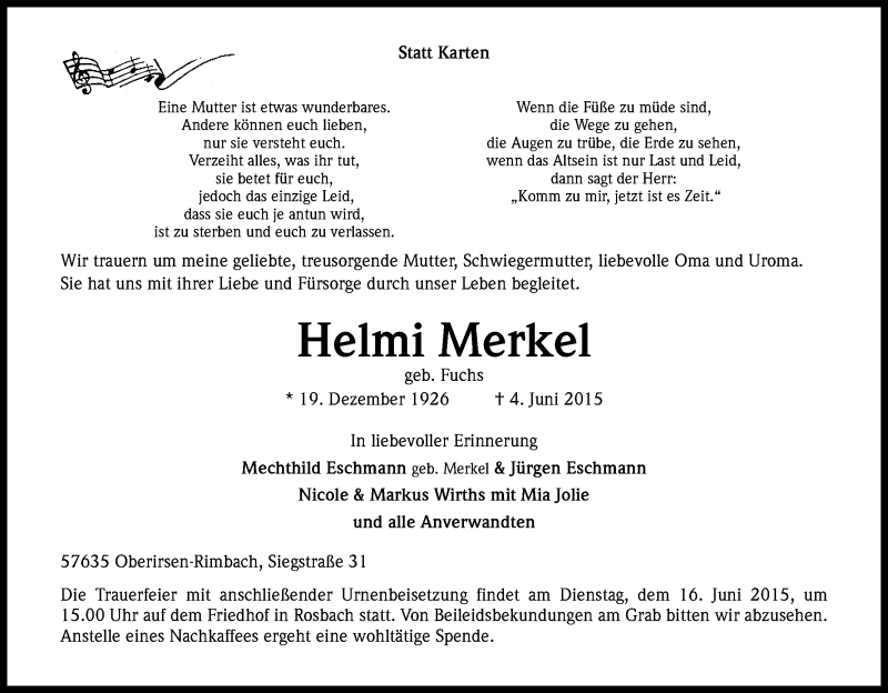  Traueranzeige für Helmi Merkel vom 08.06.2015 aus Kölner Stadt-Anzeiger / Kölnische Rundschau / Express