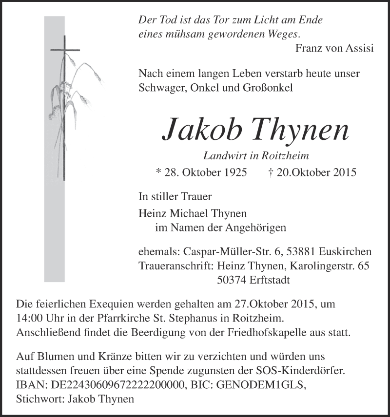  Traueranzeige für Jakob Thynen vom 25.10.2015 aus  Blickpunkt Euskirchen 