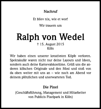Anzeige von Ralph  von Wedel von Kölner Stadt-Anzeiger / Kölnische Rundschau / Express