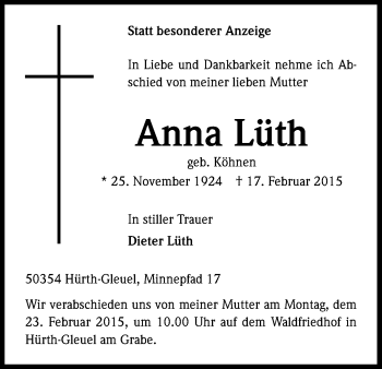 Anzeige von Anna Lüth von Kölner Stadt-Anzeiger / Kölnische Rundschau / Express