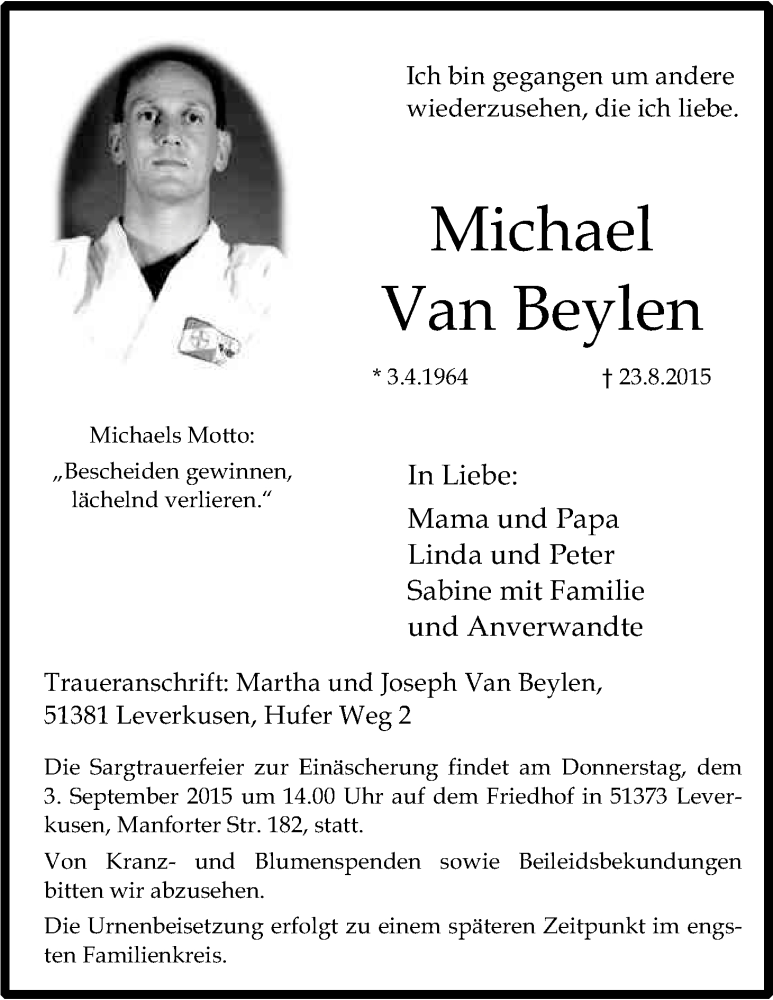  Traueranzeige für Michael Van Beylen vom 29.08.2015 aus Kölner Stadt-Anzeiger / Kölnische Rundschau / Express