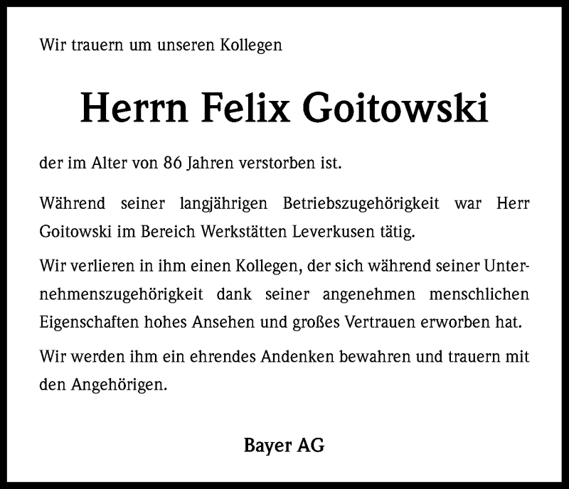  Traueranzeige für Felix Goitowski vom 04.03.2015 aus Kölner Stadt-Anzeiger / Kölnische Rundschau / Express
