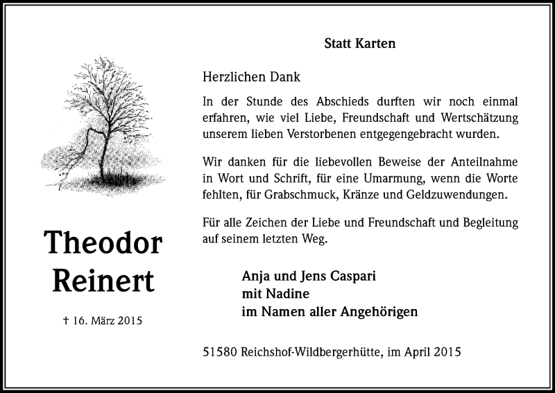  Traueranzeige für Theodor Reinert vom 18.04.2015 aus Kölner Stadt-Anzeiger / Kölnische Rundschau / Express