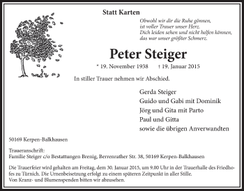 Anzeige von Peter Steiger von  Sonntags-Post 