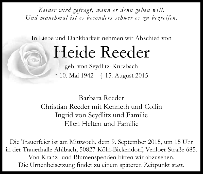  Traueranzeige für Heide Reeder vom 05.09.2015 aus Kölner Stadt-Anzeiger / Kölnische Rundschau / Express