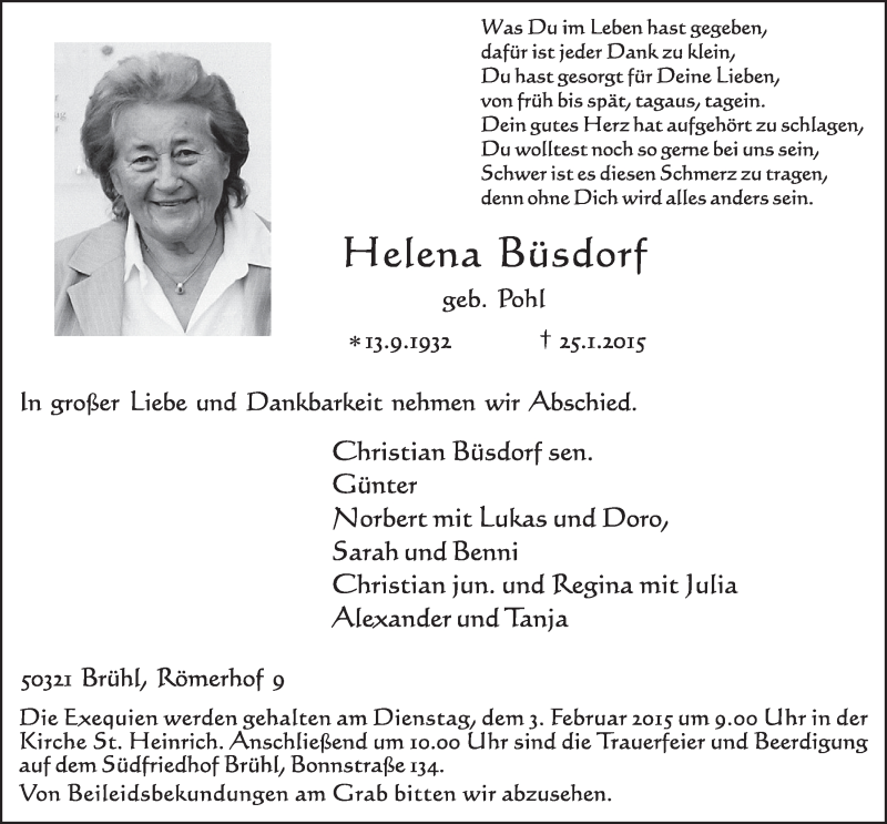  Traueranzeige für Helena Büsdorf vom 28.01.2015 aus  Schlossbote/Werbekurier 