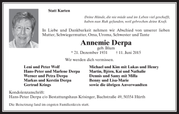 Anzeige von Annemie Derpa von  Wochenende 