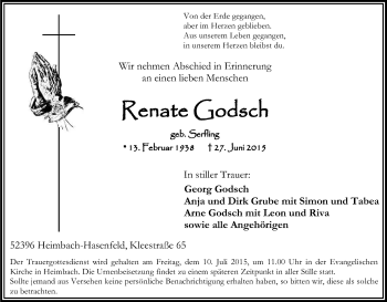 Anzeige von Renate Godsch von Kölner Stadt-Anzeiger / Kölnische Rundschau / Express