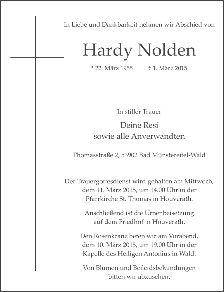  Traueranzeige für Hardy Nolden vom 08.03.2015 aus  Blickpunkt Euskirchen 