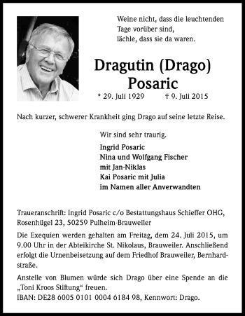 Anzeige von Dragutin Posaric von Kölner Stadt-Anzeiger / Kölnische Rundschau / Express