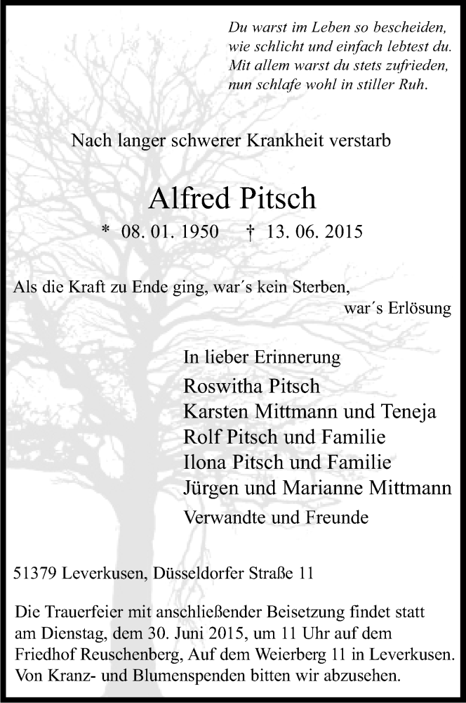  Traueranzeige für Alfred Pitsch vom 20.06.2015 aus Kölner Stadt-Anzeiger / Kölnische Rundschau / Express
