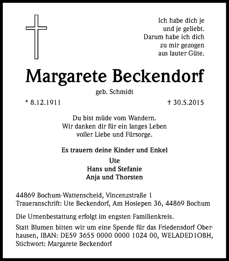  Traueranzeige für Margarete Beckendorf vom 08.06.2015 aus Kölner Stadt-Anzeiger / Kölnische Rundschau / Express