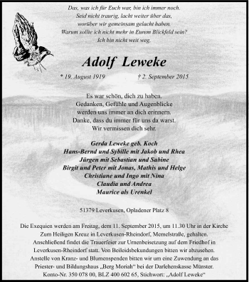 Anzeige von Adolf Leweke von Kölner Stadt-Anzeiger / Kölnische Rundschau / Express