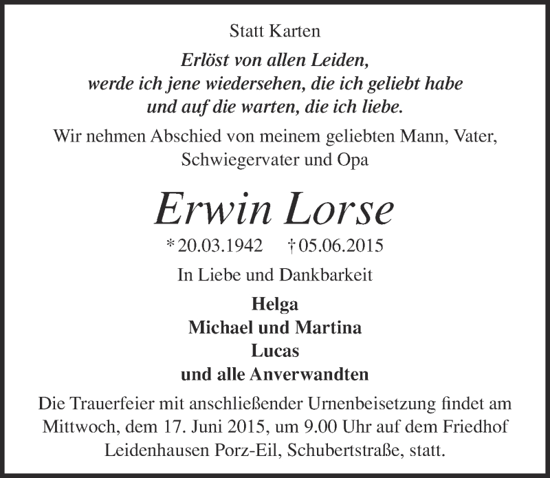  Traueranzeige für Erwin Lorse vom 13.06.2015 aus 