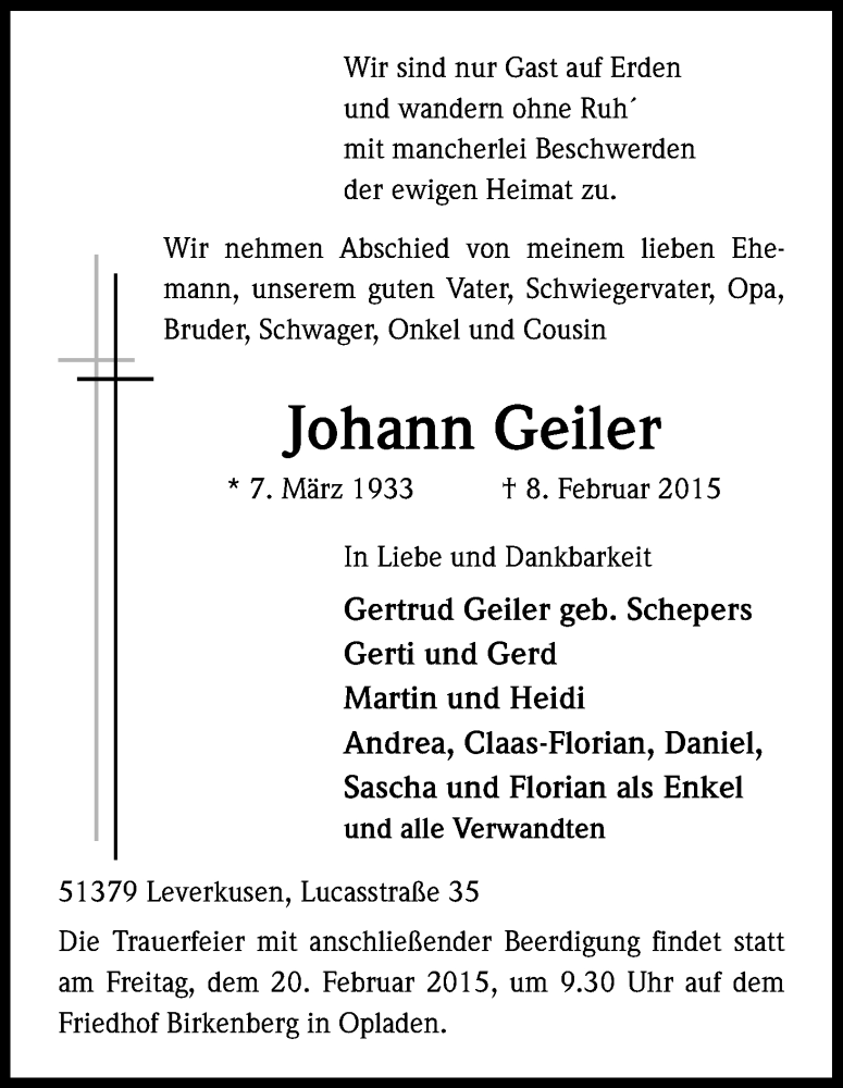  Traueranzeige für Johann Geiler vom 14.02.2015 aus Kölner Stadt-Anzeiger / Kölnische Rundschau / Express