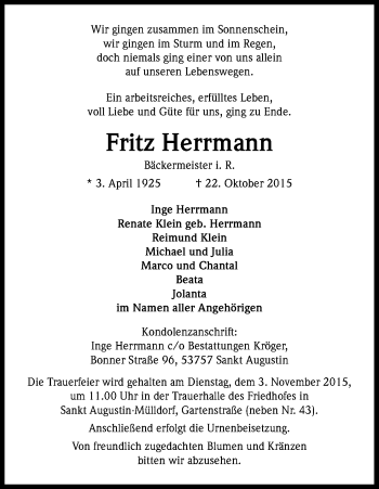 Anzeige von Fritz Herrmann von Kölner Stadt-Anzeiger / Kölnische Rundschau / Express