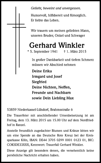 Anzeige von Gerhard Winkler von Kölner Stadt-Anzeiger / Kölnische Rundschau / Express