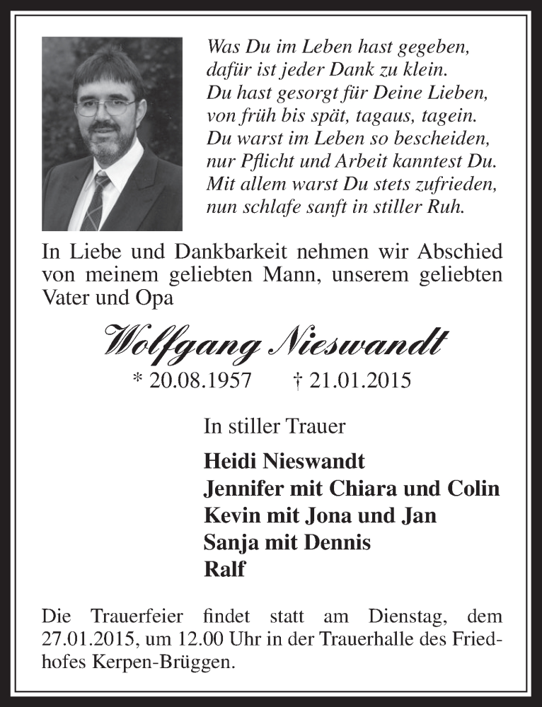  Traueranzeige für Wolfgang Nieswandt vom 24.01.2015 aus  Sonntags-Post 