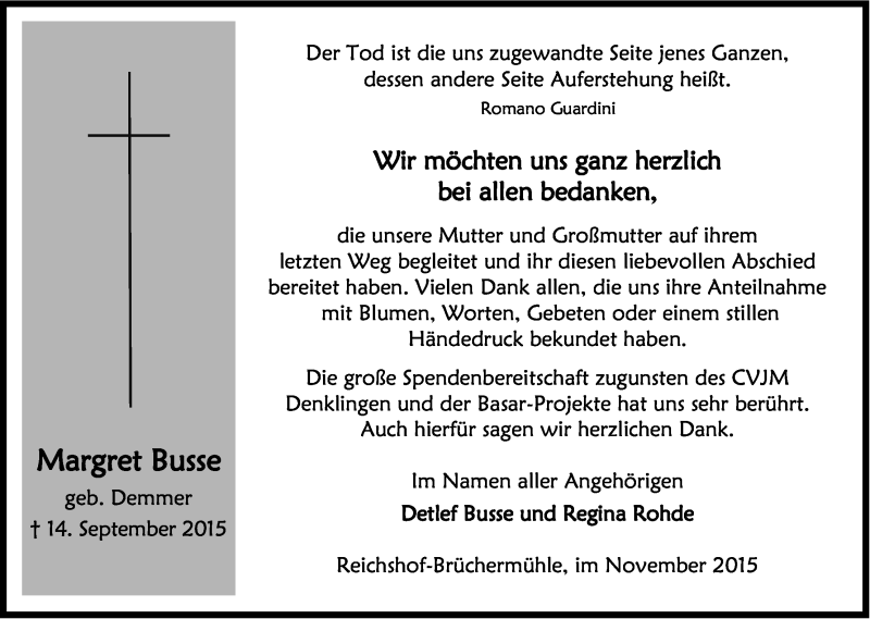  Traueranzeige für Margret Busse vom 21.11.2015 aus Kölner Stadt-Anzeiger / Kölnische Rundschau / Express