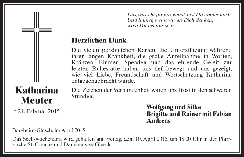  Traueranzeige für Katharina Meuter vom 01.04.2015 aus  Werbepost 