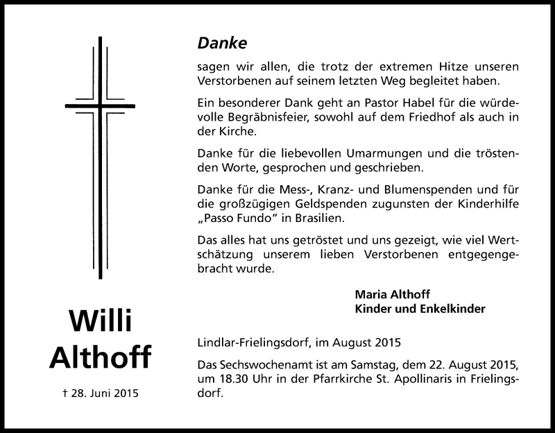  Traueranzeige für Willi Althoff vom 15.08.2015 aus Kölner Stadt-Anzeiger / Kölnische Rundschau / Express