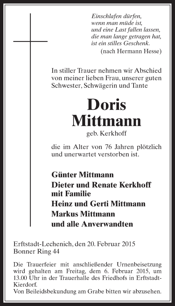  Traueranzeige für Doris Mittmann vom 04.03.2015 aus  Werbepost 