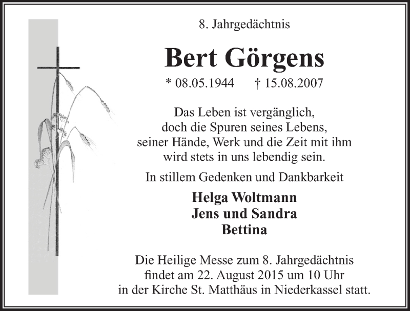  Traueranzeige für Bert Görgens vom 12.08.2015 aus  Extra Blatt 